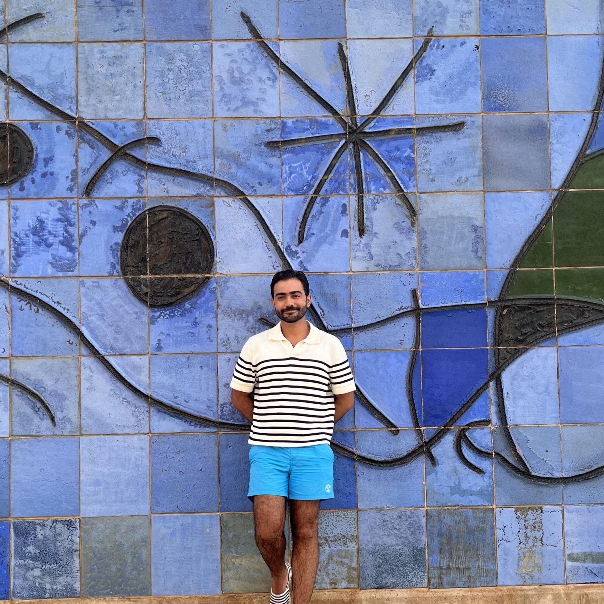 A student posing in front of an outdoor wall mural art installation