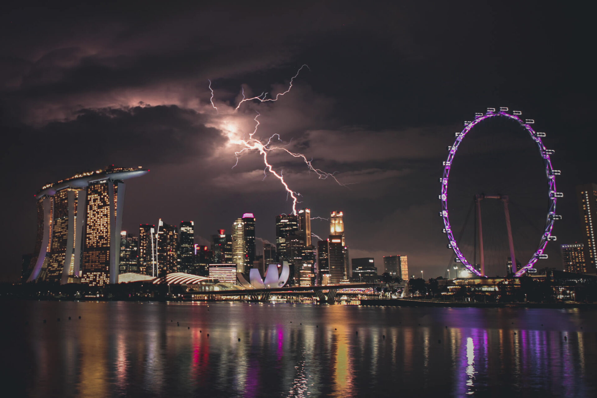 Singapore Bay city skyline during a thunderstorm