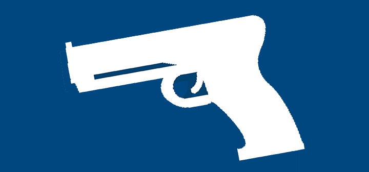 Active shooter icon, white pistol on blue background