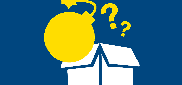 Bomb threat icon, white box with yellow bomb and question marks on blue background