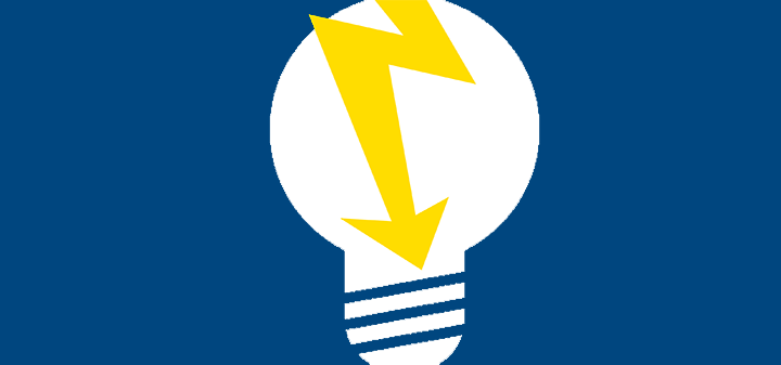 Power failure icon, white light bulb with yellow electric arrow on blue background