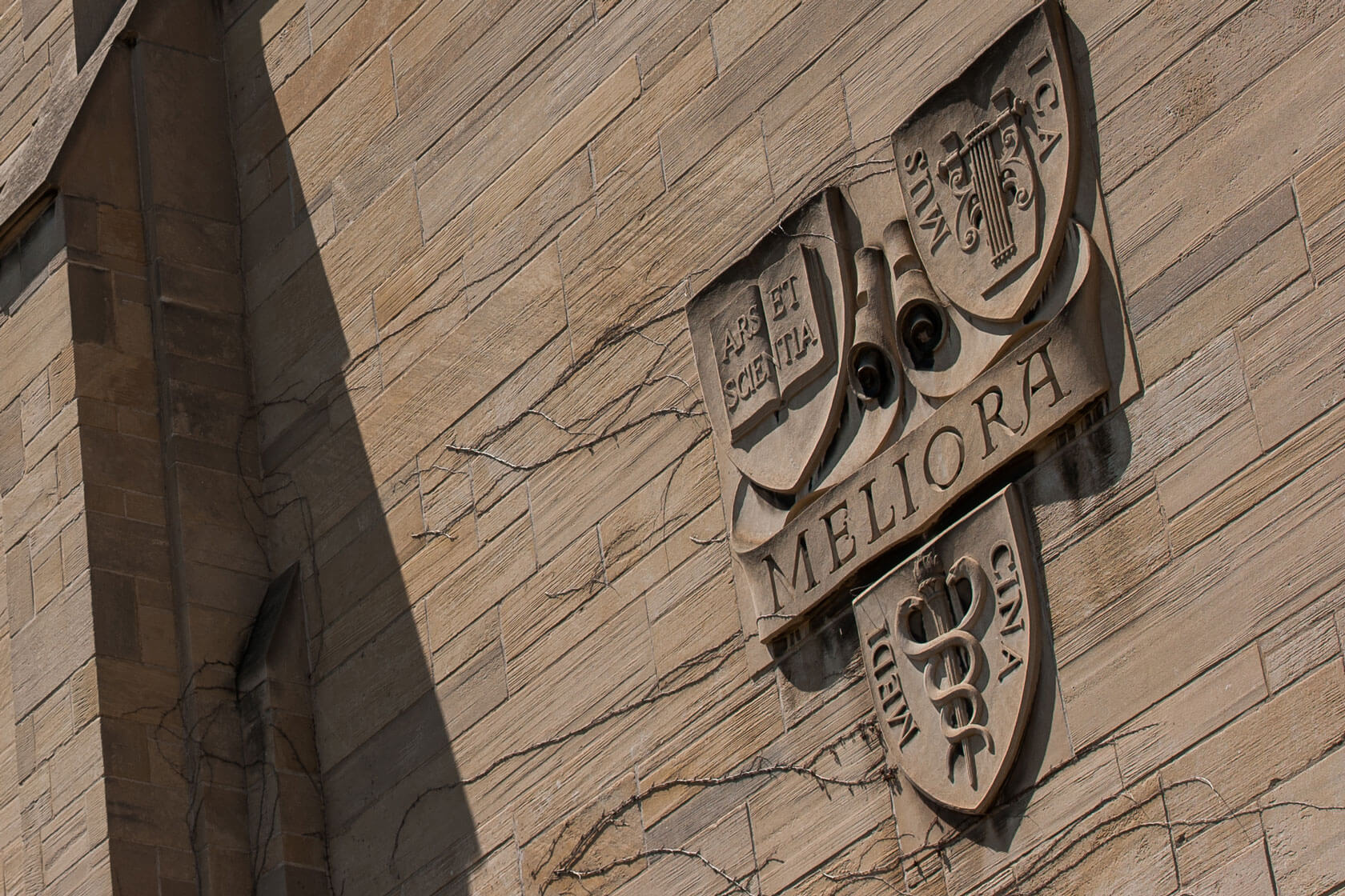 A close up of the University's crest carved into the Memorial Art Gallery