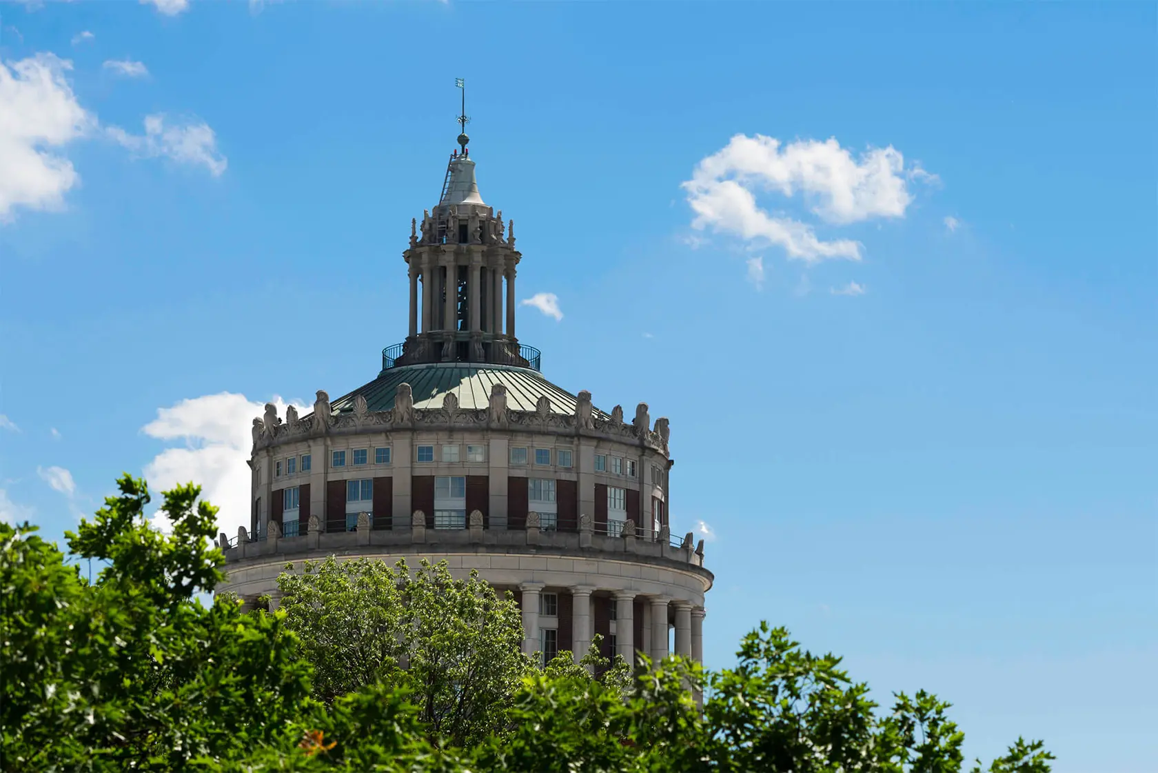 A view of the tower on Rush Rhees Library at the University of Rochester, highlighted by its distinctive architecture.