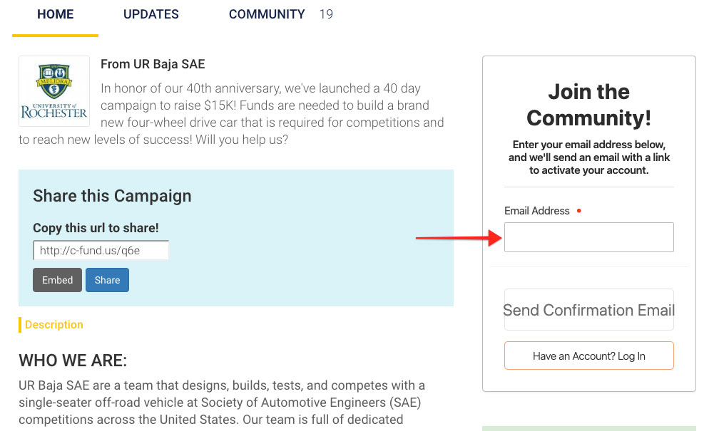 Join the community screenshot on webpage