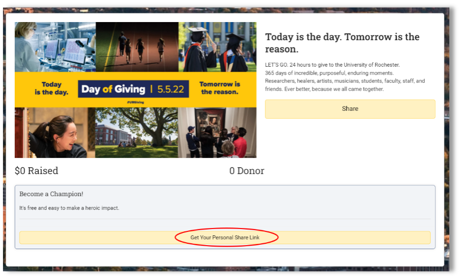 Day of Giving "Get your Personal Share Link" button