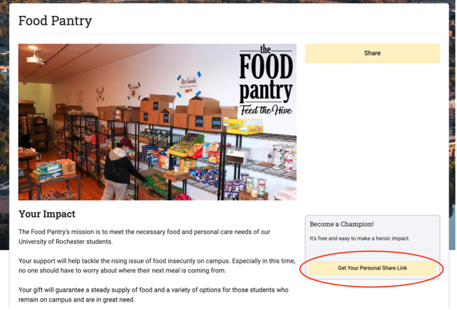 Food panty "Get Your Personal Share Link" button page