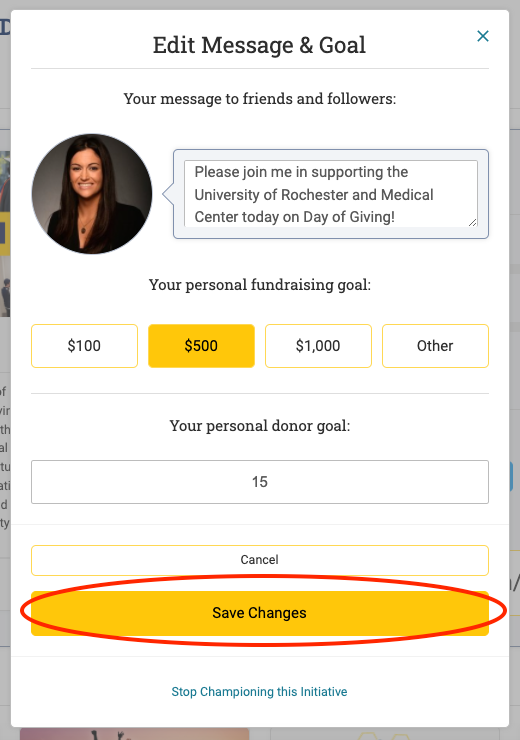 Edit Message and Goal screenshot