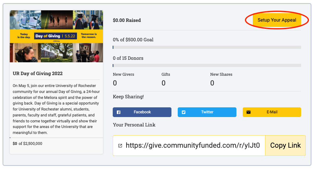 setup your appeal instructions for day of giving screenshot