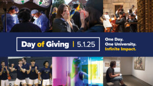 "Day of Giving, 5.1.25, One Day, One University, Infinite Impact" word on a blue block, surrounded by a collage of photo