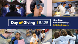 "Day of Giving, 5.1.25, One Day, One University, Infinite Impact" word on a blue block, surrounded by a collage of photo