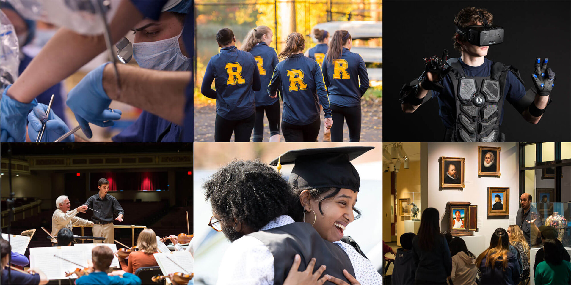 collage of images featuring students, research, art, and music