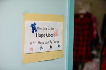 A sigh that says Welcome to the Hope Chest at Mt. Hope Family Center