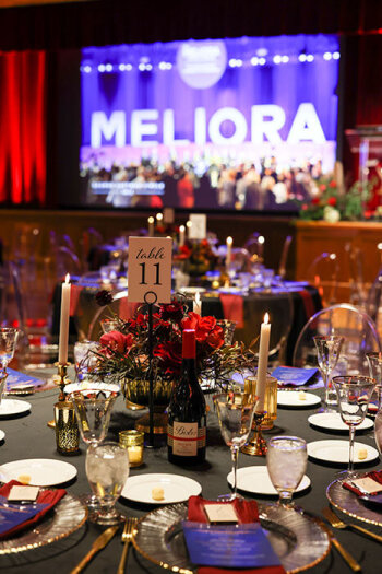 Dinner table decorated with plates and utensils with a view of a stage
