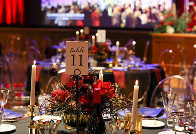 Dinner table decorated with plates and utensils with a view of a stage