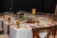 table set with many wine glasses