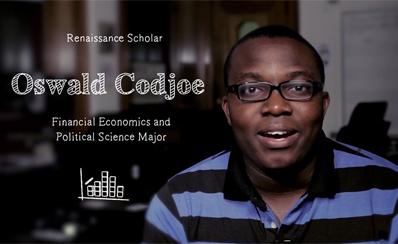 photo of student with caption OSWALD CODJOE, FINANCIAL ECONOMICS AND POLITICAL SCIENCE MAJOR 