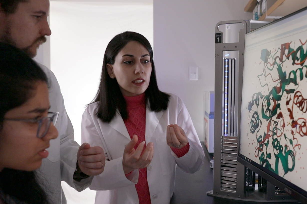 Three researchers review a screen.