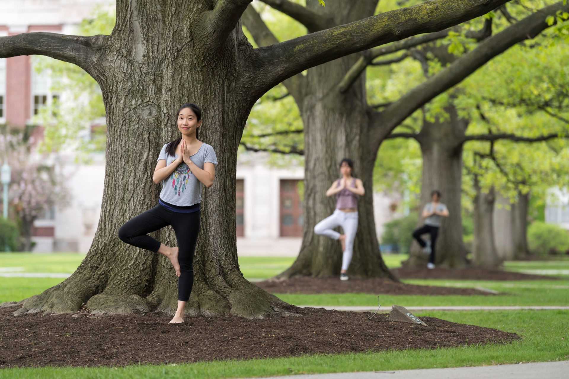 University of Rochester student on the quad doing a yoga exercise by a tree.