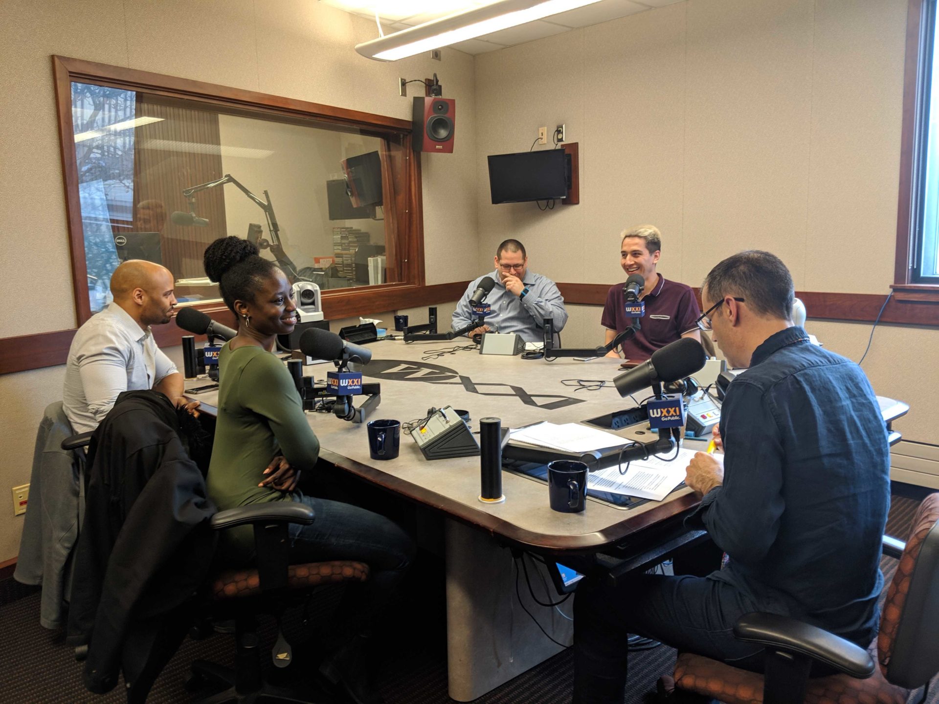 University of Rochester ADSE students in the recording studio for WXXI's Connections, a local public radio program.