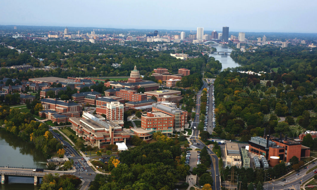 Aerial view of the University of Rochester campus and the downtown Rochester skyline