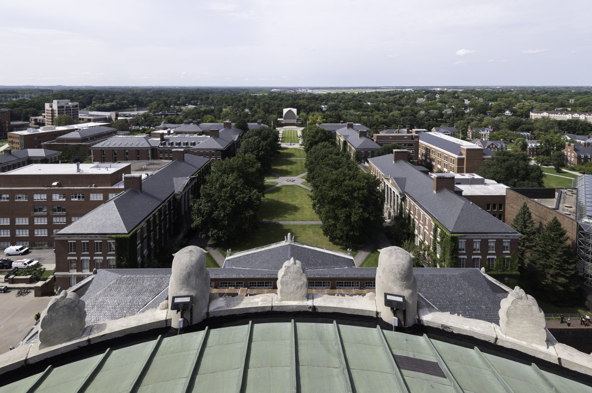 The University of Rochester campus as seen from the top of the Rush Rhees Library Tower, facing the Interfaith Chapel