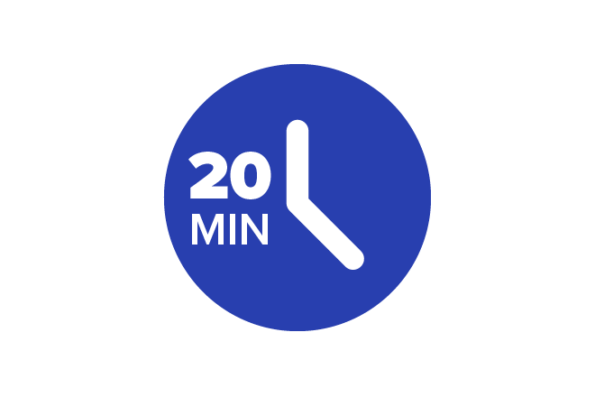 Graphic of a clock with text "20 Min" overlaid