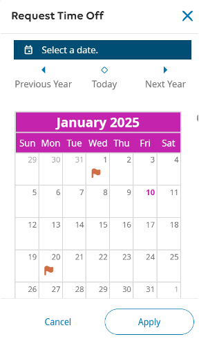 UKG request time off menu showing a calendar of January, with red flag incons indicating requested time off. 