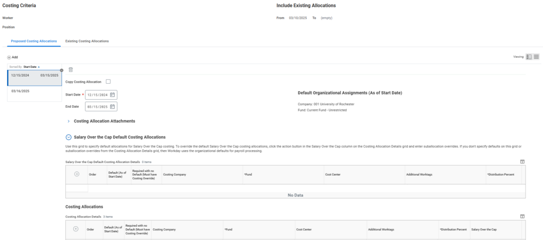 This image displays the grid in myURHR Workday that is used for specifying default allocations for Salary Over the Cap costing. The grid contains help text explaining how to override the default Salary Over the Cap allocations.