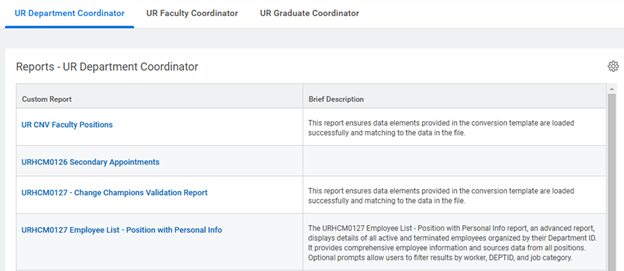 myURHR reports for UR Department Coordinator.