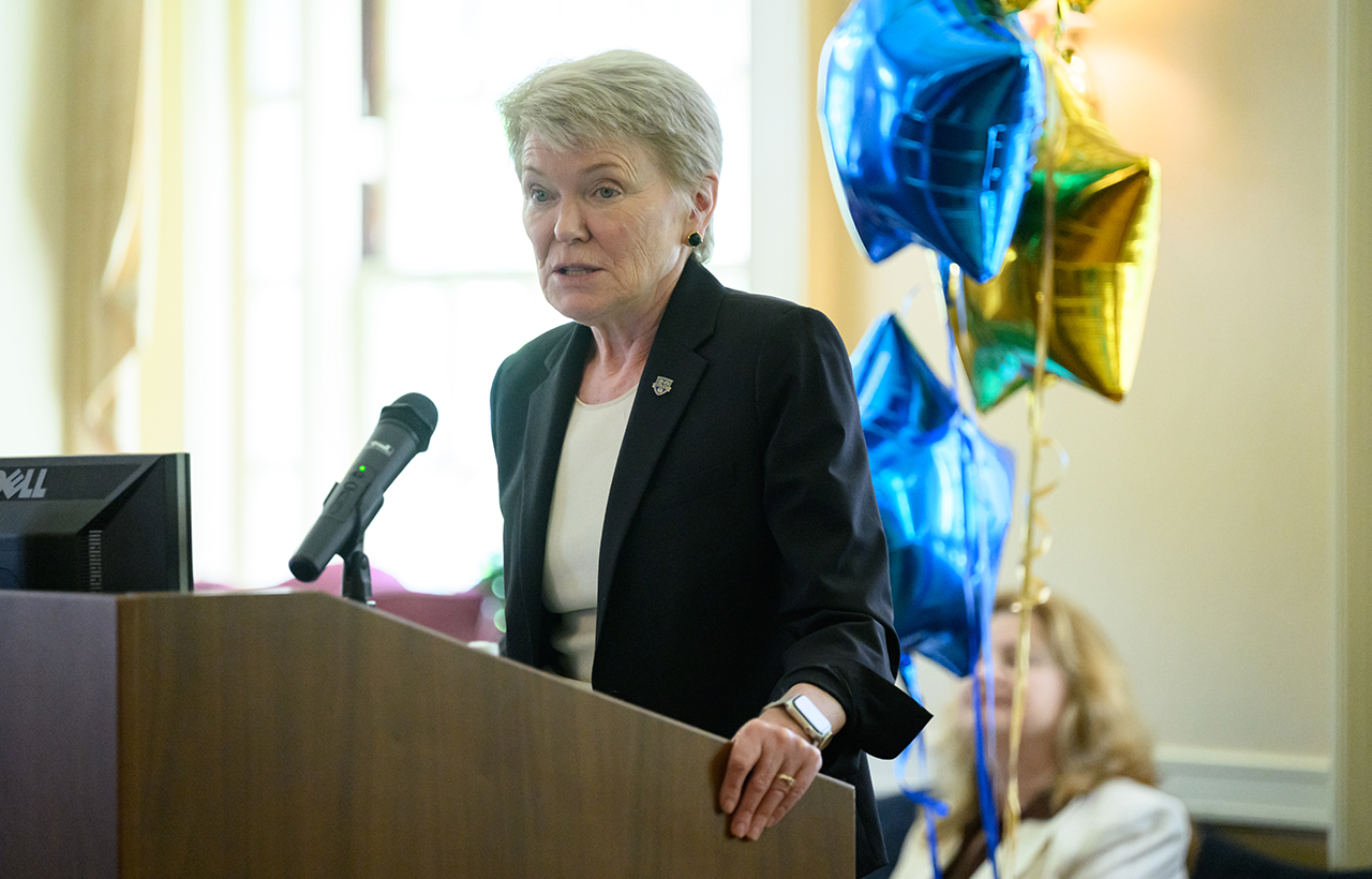 University of Rochester president Sarah C. Mangelsdorf speaks at the 2025 President’s Staff Awards Presentation at Helen Wood Hall