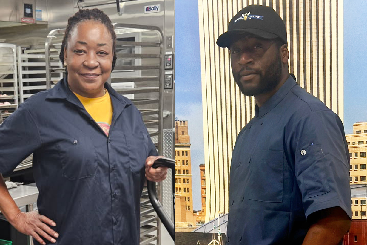 On the left is a woman named Anna Kendrick. On the right is a man named JayQuan Coley, wearing a black cap. They are both wearing a dark blue button down Dining Service uniform.