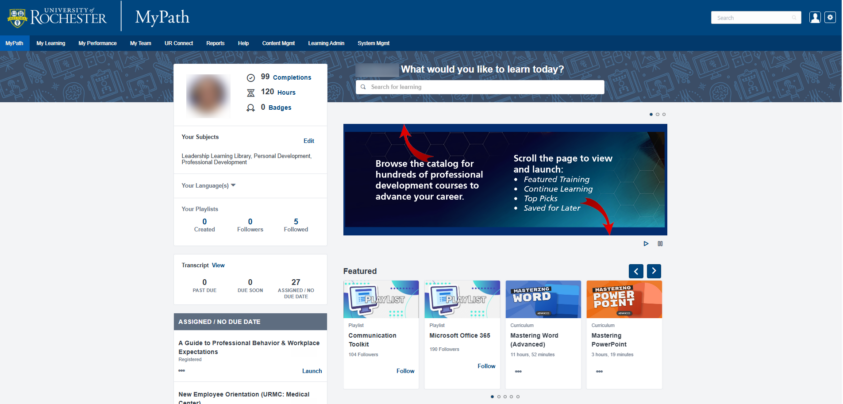 Screenshot of a myPath example of a learner homepage.