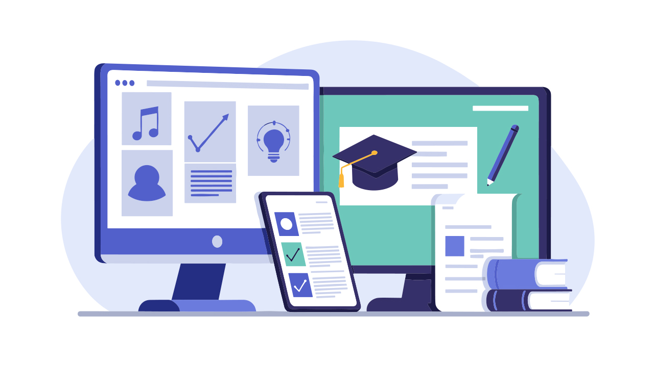 Illustration of digital learning tools, including a desktop computer, tablet, and laptop displaying icons related to music, growth, ideas, and education. A graduation cap, checklist, pencil, papers, and books emphasize online learning and skill development.