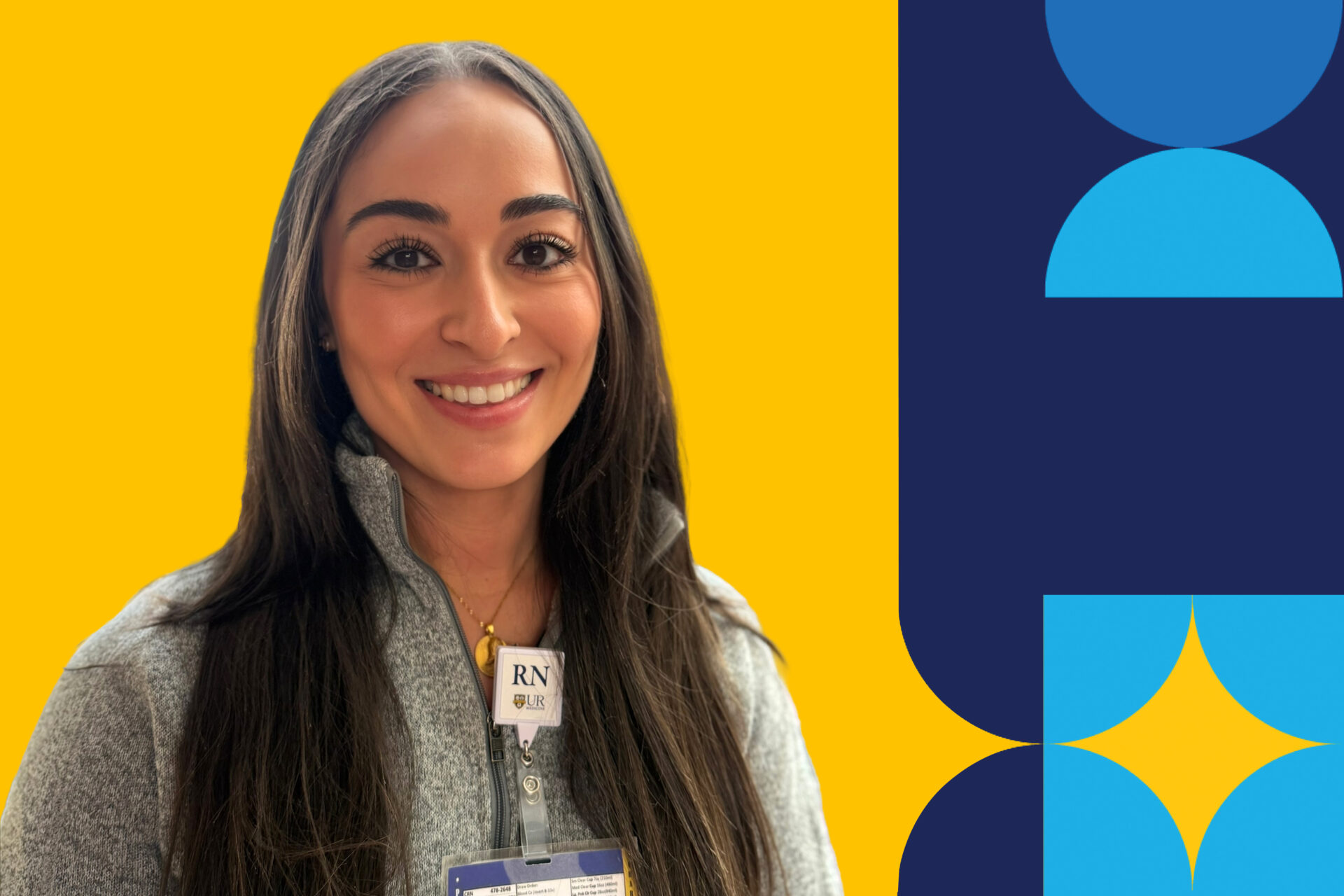 A protrait image of a woman named, Ameenah Abid, smiling brighting in front of a yellow background.