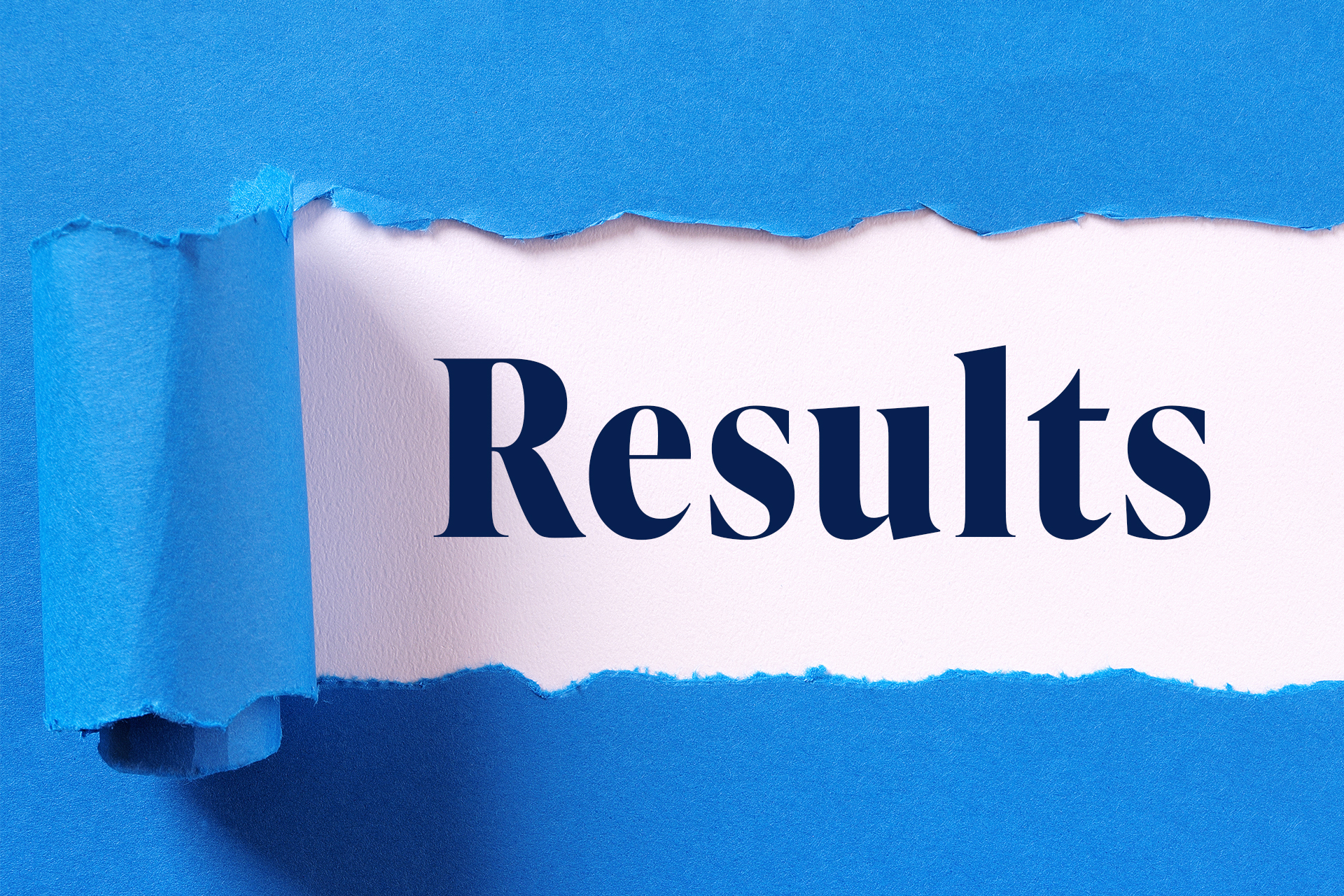Torn blue paper reveals the word “Results” printed on a white background.