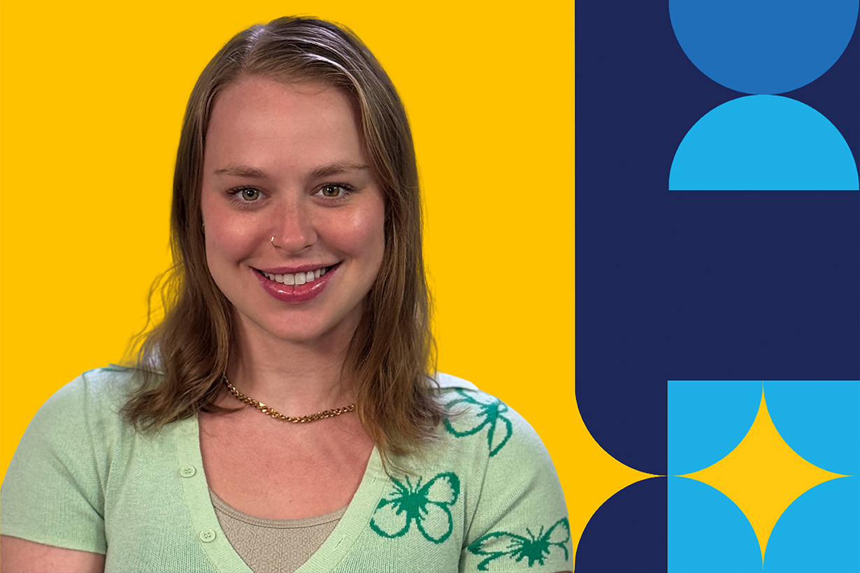 A woman named Emily Allen smiling brightly in front of a yellow background from bust up.