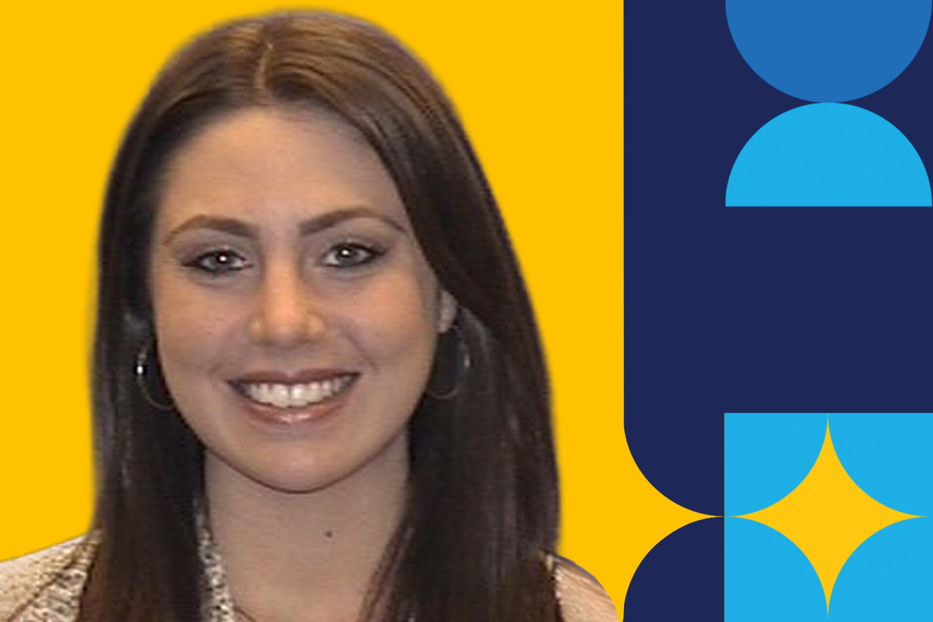 A woman named Natalie Bunce, bust up, smiling brightly in front of a yellow background.