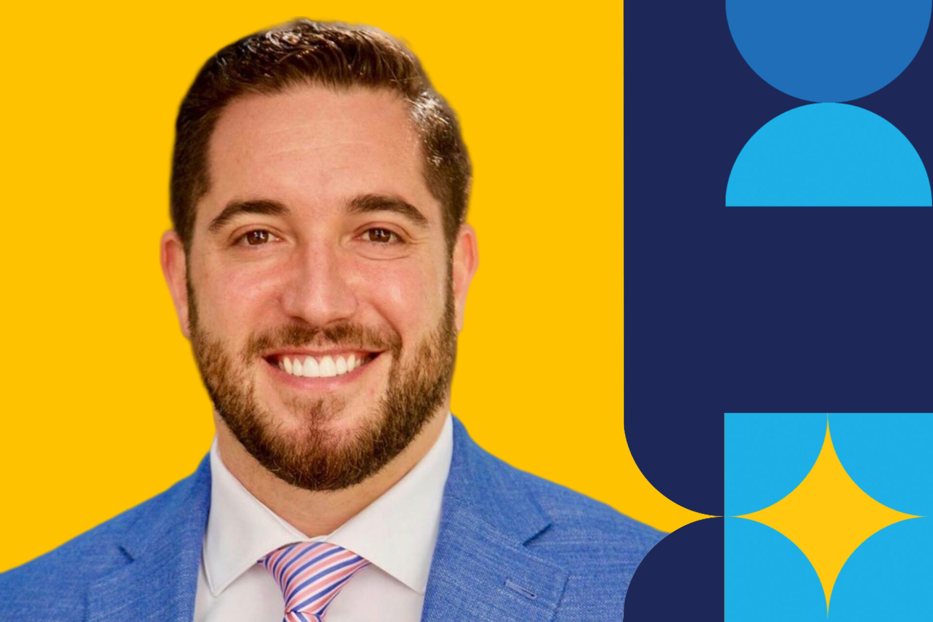 Profile image of a man named Robert Alexander in a blue suit in front of a yellow background.