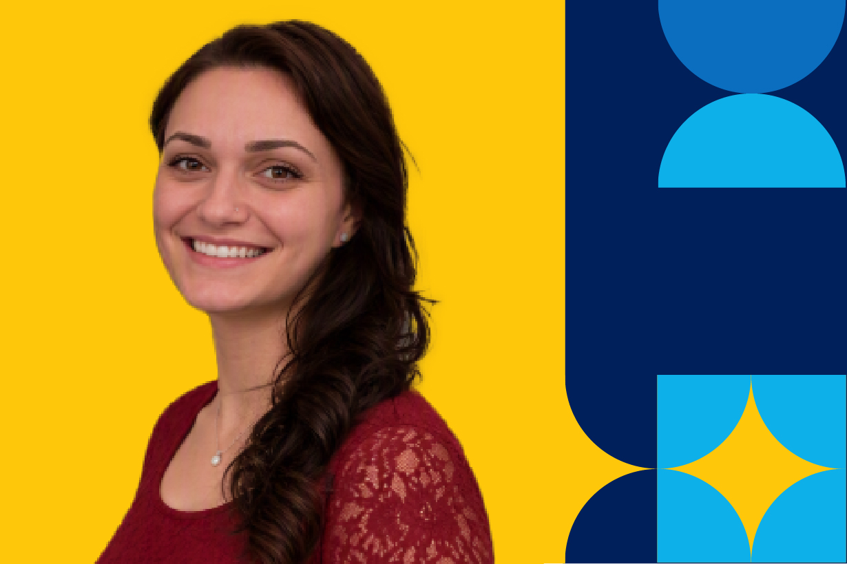 A woman named Amber Gary's profile from the shoulders up, smiling brightly with curled hair over her left shoulder, in front of a yellow background with geometric shapes on the right.