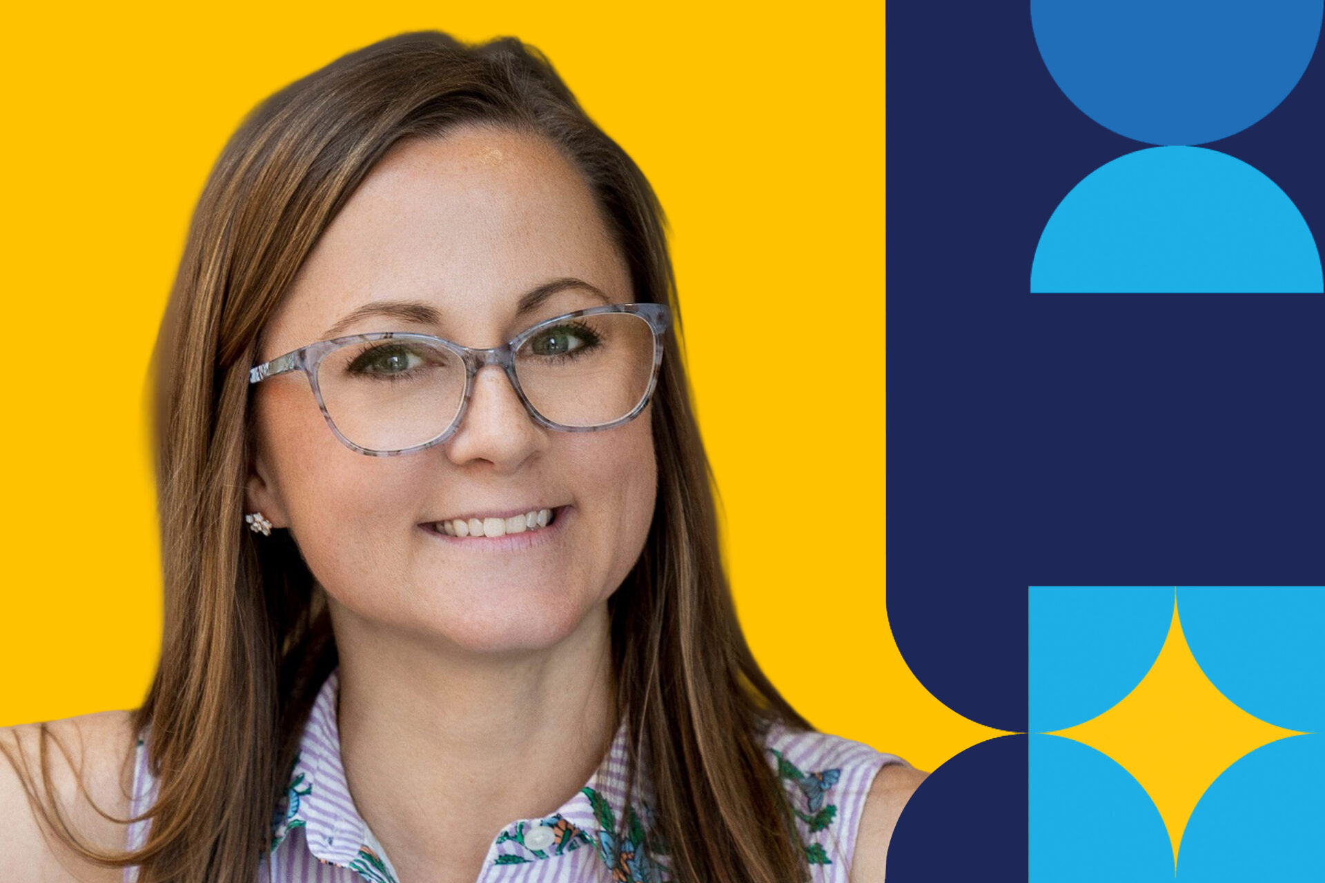 A woman named Kelsie Smith Hayduk smiling brightly in front of a yellow background.
