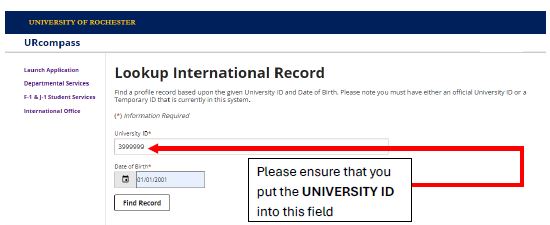 A screenshot of the Lookup International Record screen in URcompass, with an arrow pointing to the University ID field