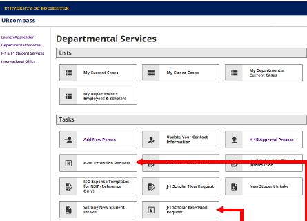 A screenshot of the login screen of URcompass with arrows pointing to the "H-1B Extension Request" and "J-1 Scholar Extension Request" buttons