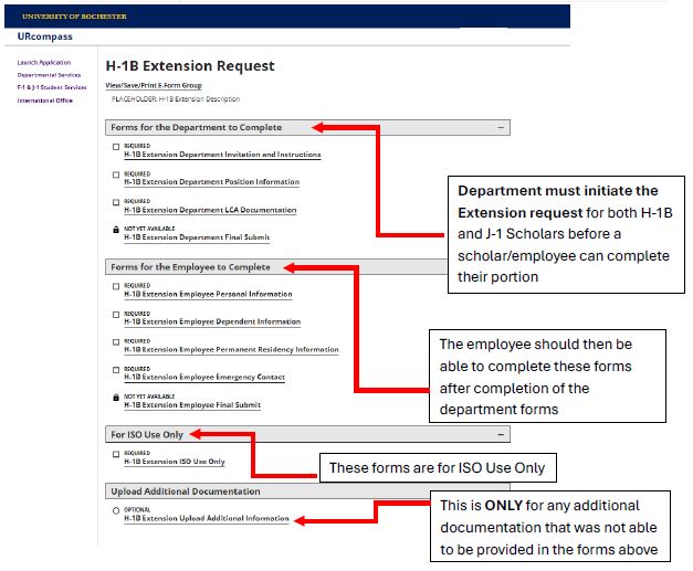 A screenshot of the H-1B extension request page in URcompass