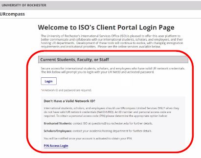 A screenshot of the client portal login page of URcompass, with a circle around the login button
