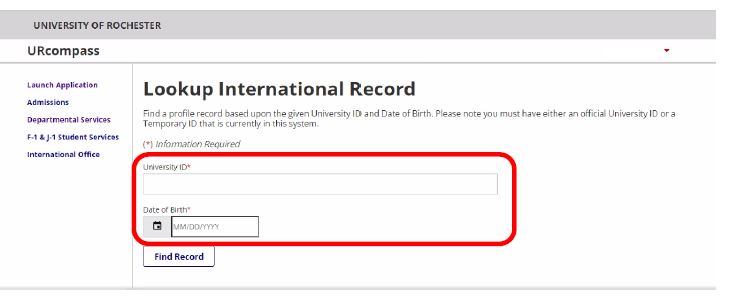 A screenshot of the Lookup International Record screen, with the University ID and Date of Birth fields circled