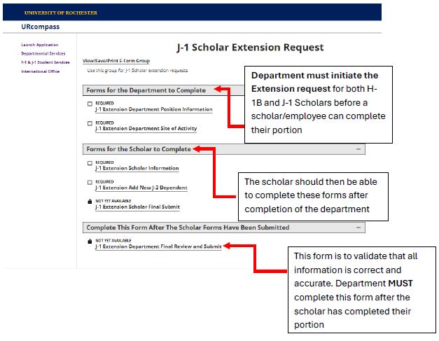 A screenshot of the J-1 Scholar Extension Form page in the URcompass platform