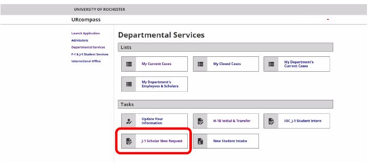 A screenshot of the Departmental Services page in URcompass, with the "J-1 Scholar New Request" button highlighted