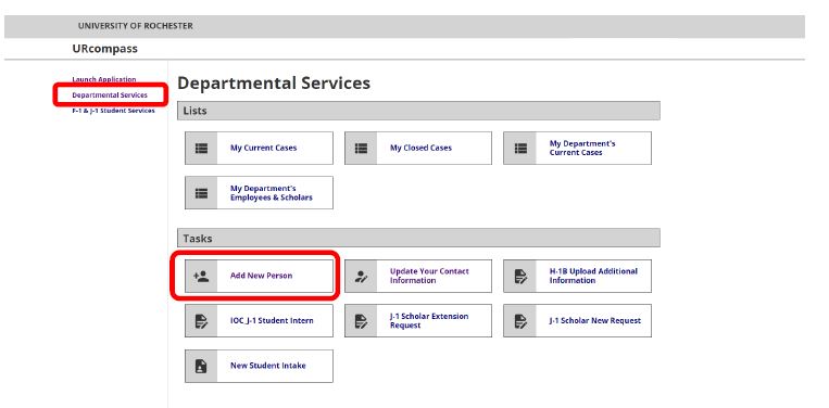 A screenshot of the Departmental Services page of the URcompass portal, with the "Add New Person" button highlighted