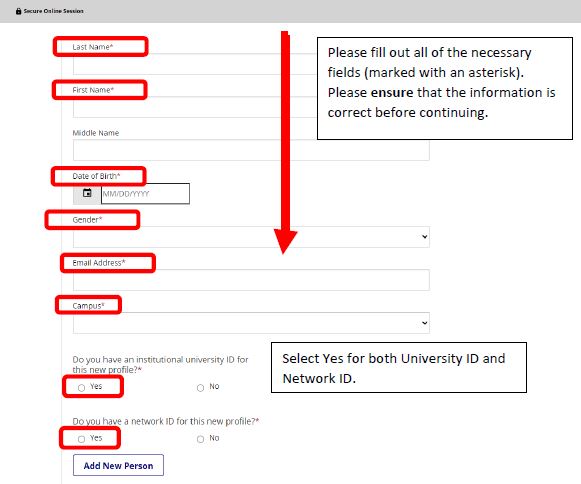 A screenshot of the intake form on the URcompass portal, with all required fields (marked with an asterisk) highlighted.