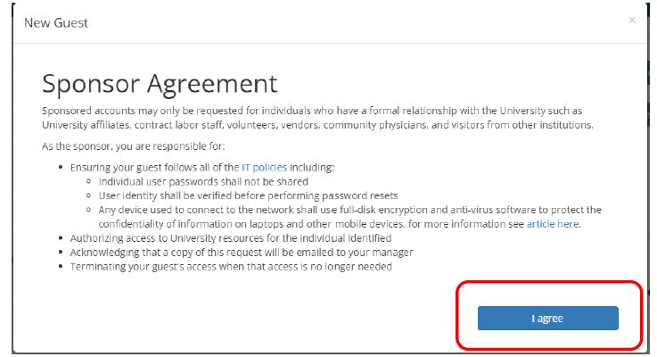 A screenshot of the Sponsor Agreement page in the Guest Account System portal, with a circle around the "I Agree" button